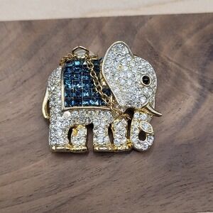 Indian Elephant 1" Brooch Pin w/ Blue Rhinestone Saddle Blanket & Chain
